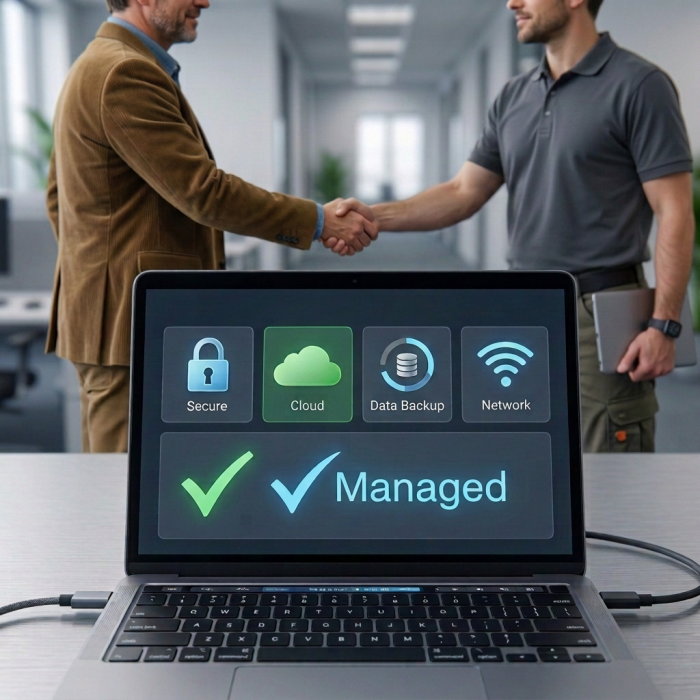 A close-up view of a silver laptop screen on an office desk displaying managed IT service icons for Security, Cloud, Data Backup, and Network, and a large green checkmark with the word 'Managed'. In the background, out of focus, a person in a brown suit and another in a grey polo shirt are shaking hands in a modern office hallway