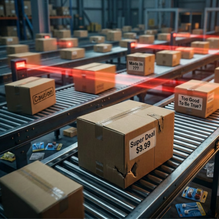 Picture of a messy warehouse where boxes are traveling along conveyer belts and products are scattered all over the floor.