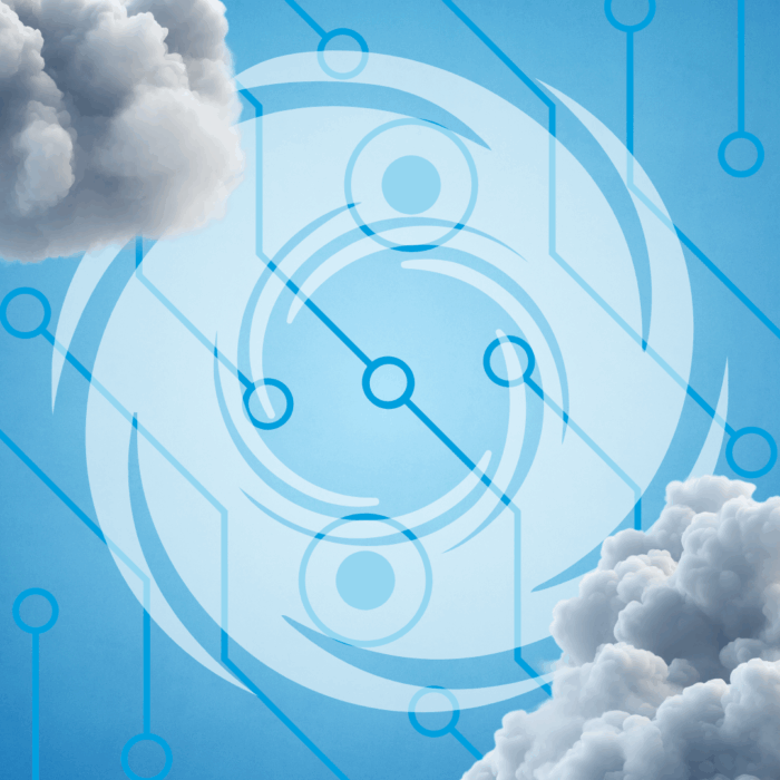 Digital technology pattern with cloud formations against blue background representing IT systems during hurricane weather