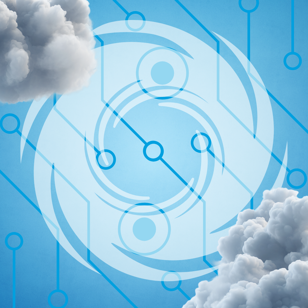Digital technology pattern with cloud formations against blue background representing IT systems during hurricane weather