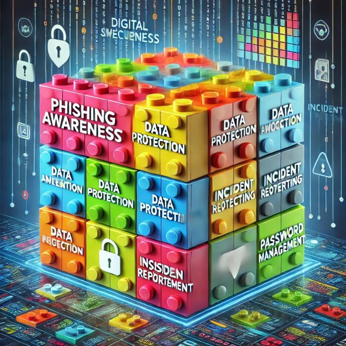 detailed illustration of a digital security awareness concept represented by a complex modular structure made of colorful geometric blocks. The blocks are labeled with key concepts such as Phishing Awareness, Data Protection, Incident Reporting, Password Management, Multi-Factor Authentication, and Device Security, forming a fortress-like design with a glowing digital background.