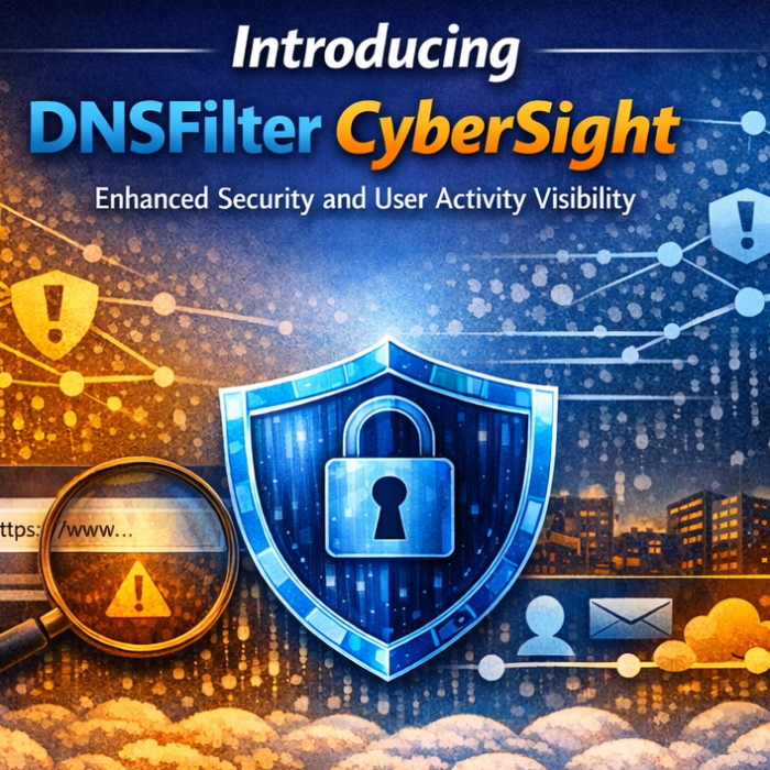 Introducing DNSFilter CyberSight: Enhanced Security and User Activity Visibility" graphic featuring a glowing blue shield with a padlock at the center, flanked by a browser warning window and a network of security icons, with a city skyline and clouds below.