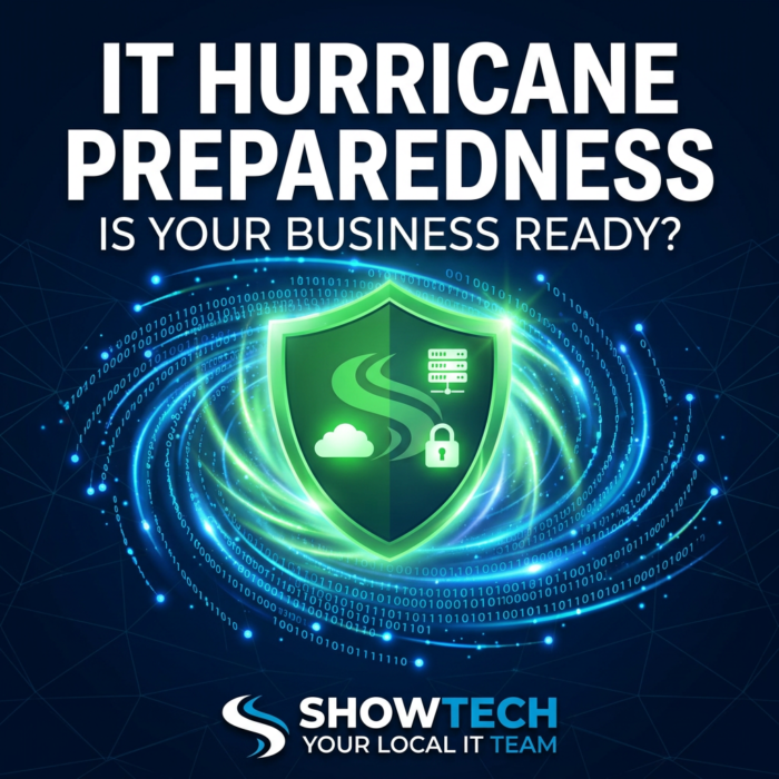 IT hurricane preparedness graphic with cybersecurity shield and ShowTech “Your Local IT Team” branding
