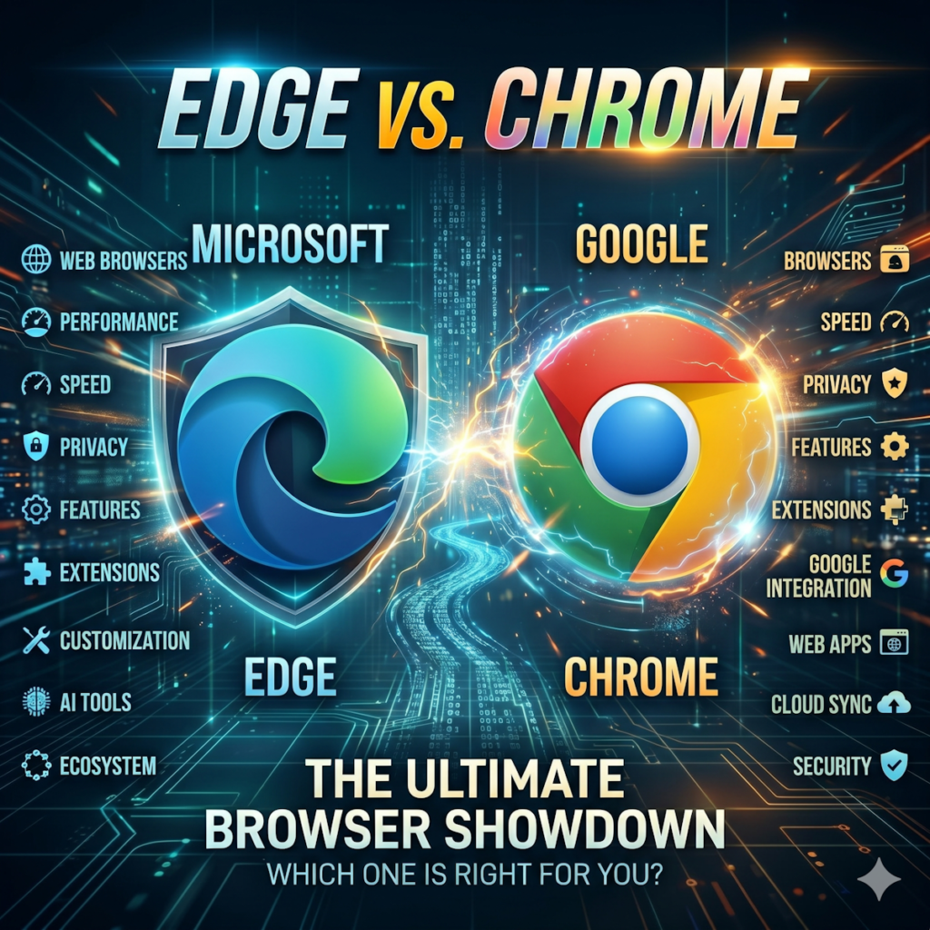 Edge vs. Chrome: The Ultimate Browser Showdown" graphic comparing Microsoft Edge and Google Chrome logos clashing with lightning, listing comparison categories like performance, speed, privacy, features, extensions, and security