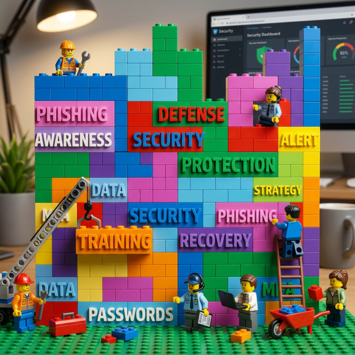 A dynamic, creative LEGO scene depicting minifigures building a strong 'Security Awareness' wall from colorful blocks labeled with key concepts like 'Phishing', 'Training', 'Passwords', 'Strategy', and 'Defense'. A toy crane lifts a block, and a 'Security Dashboard' is visible on a monitor in the background.