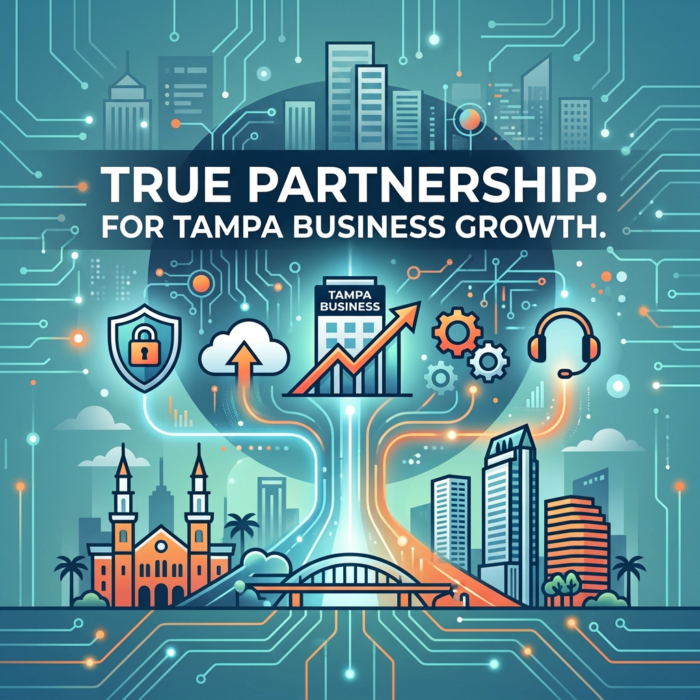 Illustrative image of the tampa skyline with circuit lines and the test "True Partnership. For Tampa Business Growth"