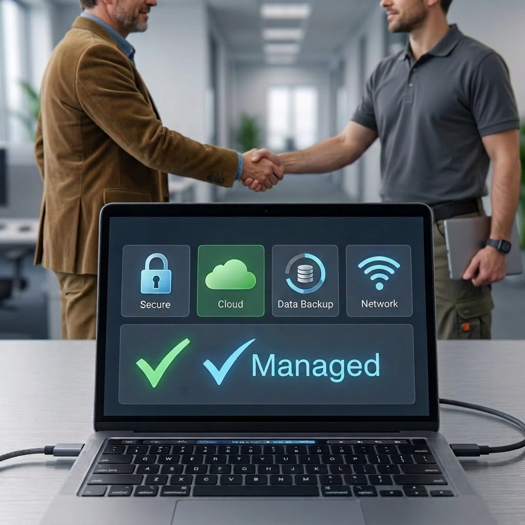 A close-up view of a silver laptop screen on an office desk displaying managed IT service icons for Security, Cloud, Data Backup, and Network, and a large green checkmark with the word 'Managed'. In the background, out of focus, a person in a brown suit and another in a grey polo shirt are shaking hands in a modern office hallway