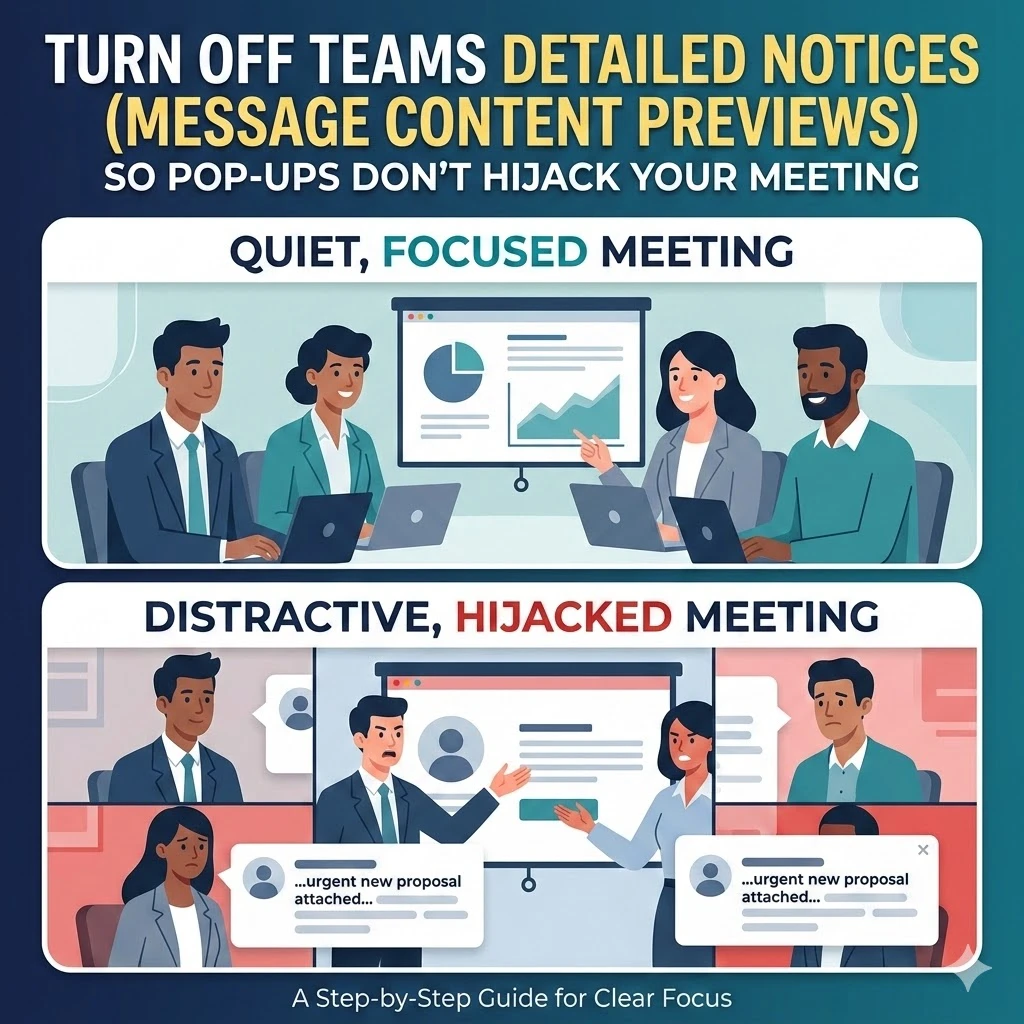 Turn off Teams detailed notices (message previews) to prevent pop-ups from interrupting meetings; illustration compares focused vs distracted meeting.