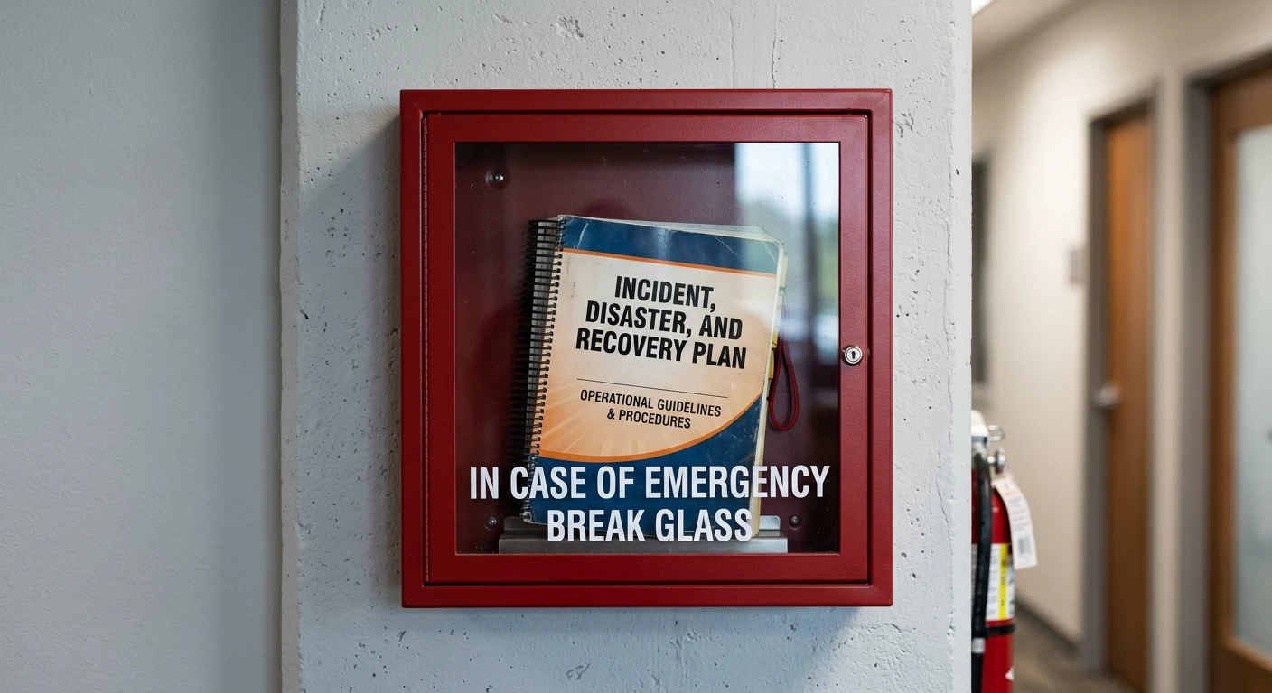 A photo of a red office disaster recovery plan manual, labeled 'INCIDENT, DISASTER, AND RECOVERY PLAN,' secured inside a professional red 'break glass for emergency' cabinet. The spiral-bound compliance document is visible through the clear glass, set against a modern concrete pillar and a blurry corporate hallway background.