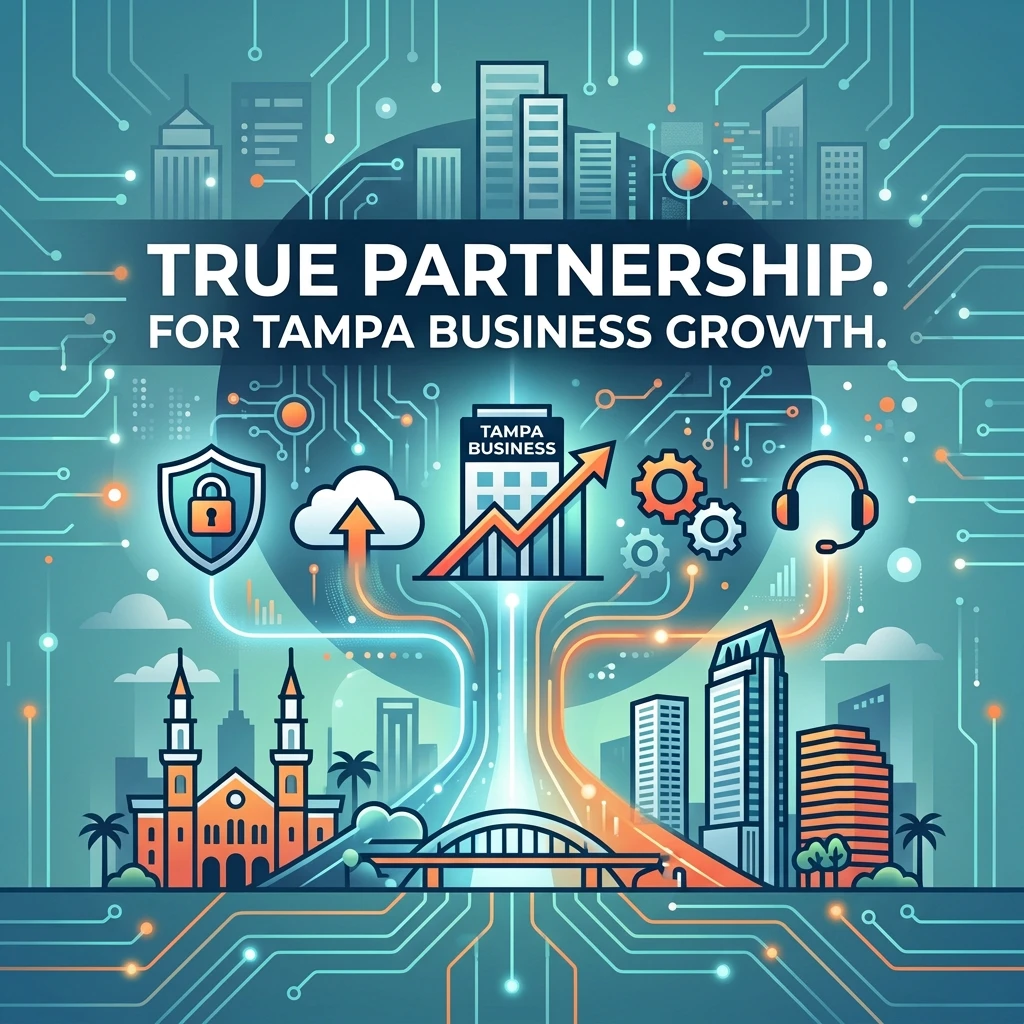 Illustrative image of the tampa skyline with circuit lines and the test "True Partnership. For Tampa Business Growth"